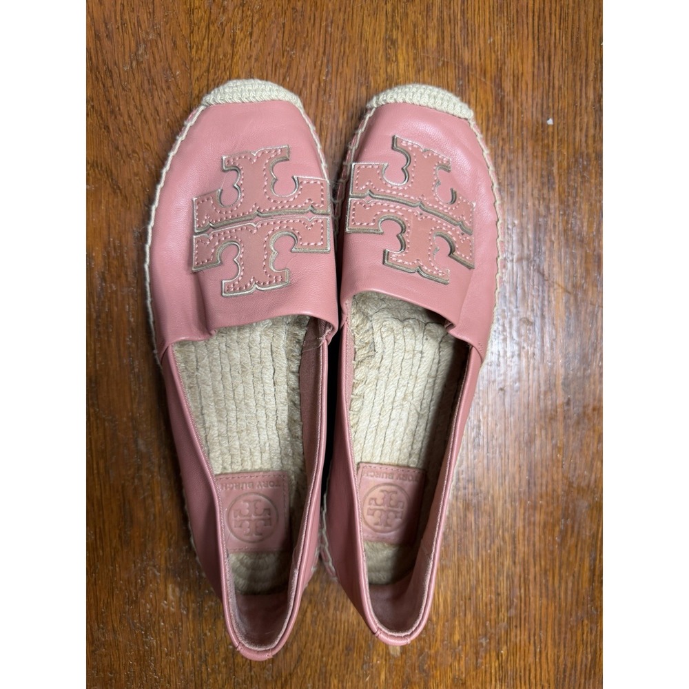 Tory Burch Ines Espadrilles Women's 7.5 Leather Pink Coral Tan Wicker Color